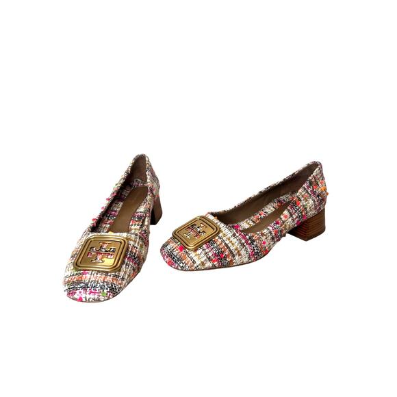 Tory Burch Pink Cream Gold Tweed Wooden Block Heel Georgia Pump Womens 7 US - Picture 1 of 14